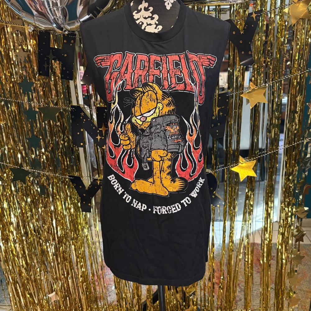 NWT Hot Topic Black Garfield Graphic Tank Born to Nap Forced to Work NEW Flames